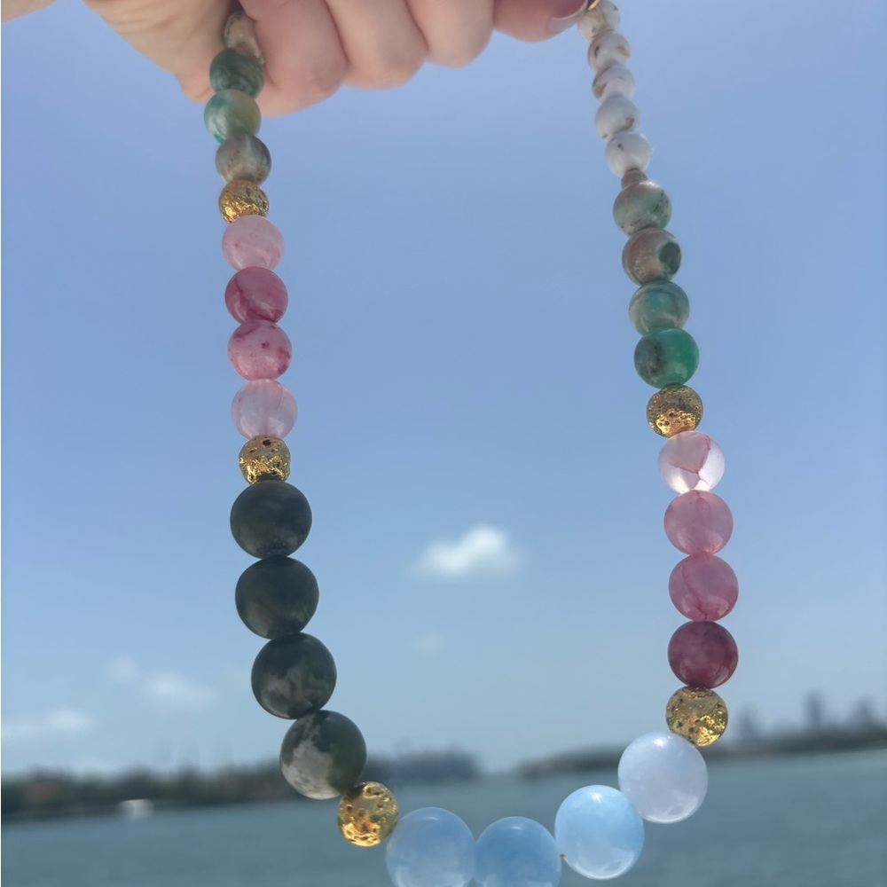 Pink and Green Beaded Necklace with Gold Accents